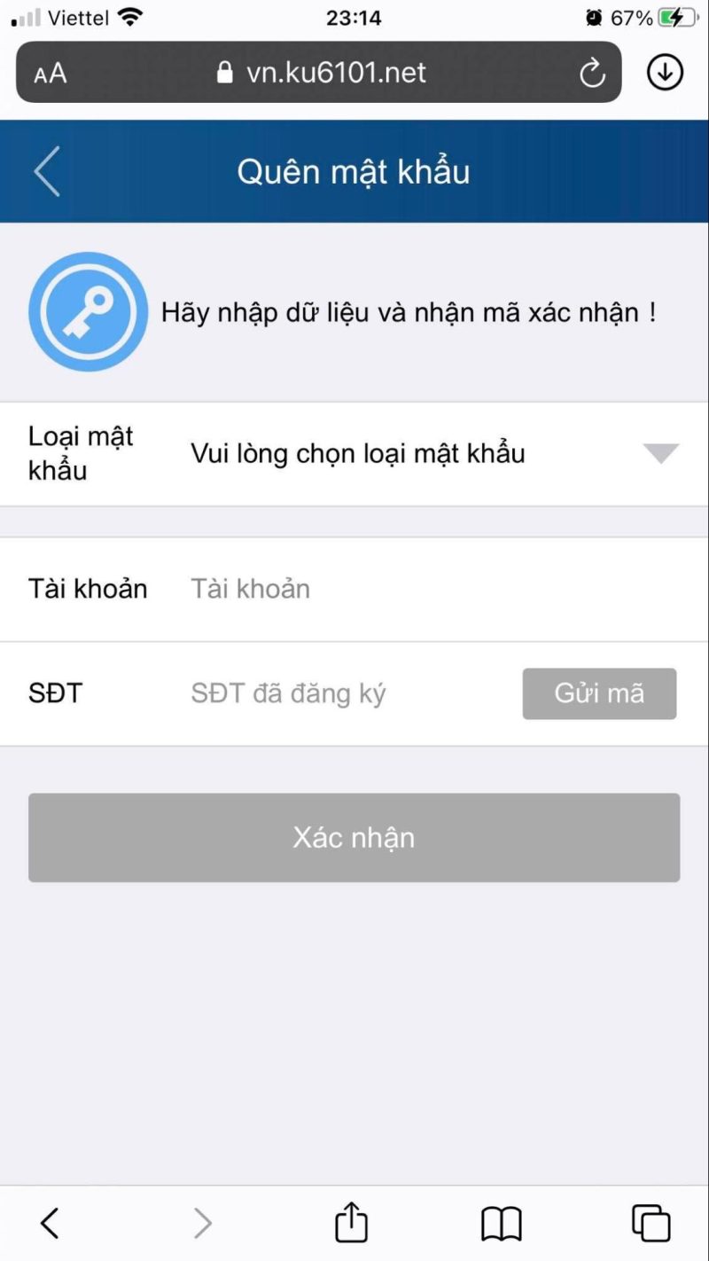 Lấy mã xác nhận gửi về điện thoại